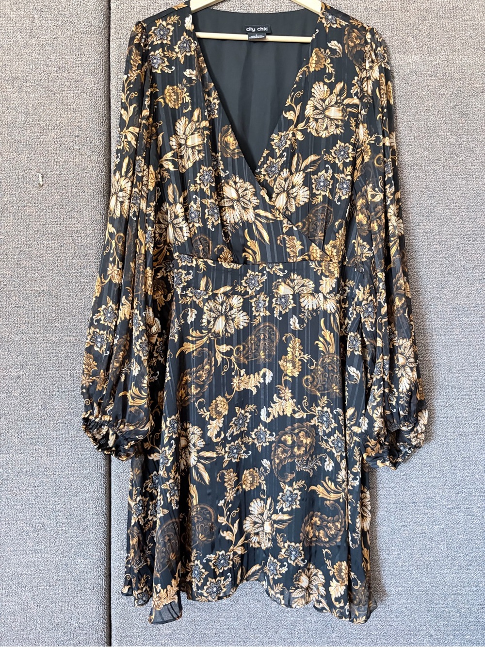 City Chic Black and Gold Floral Wrap Dress